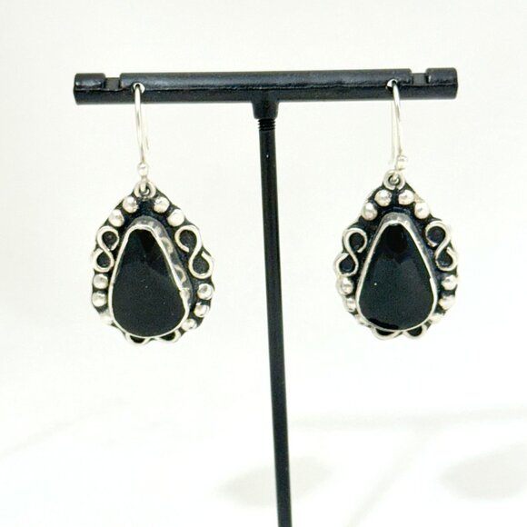 Sterling Silver Dangle Earrings with Bezel Set Onyx - Picture 2 of 6